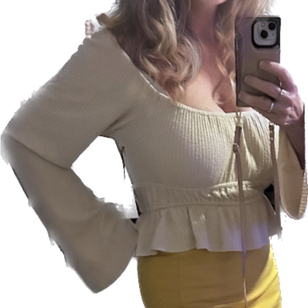 Cream Peplum Ribbed Long-Sleeve Top